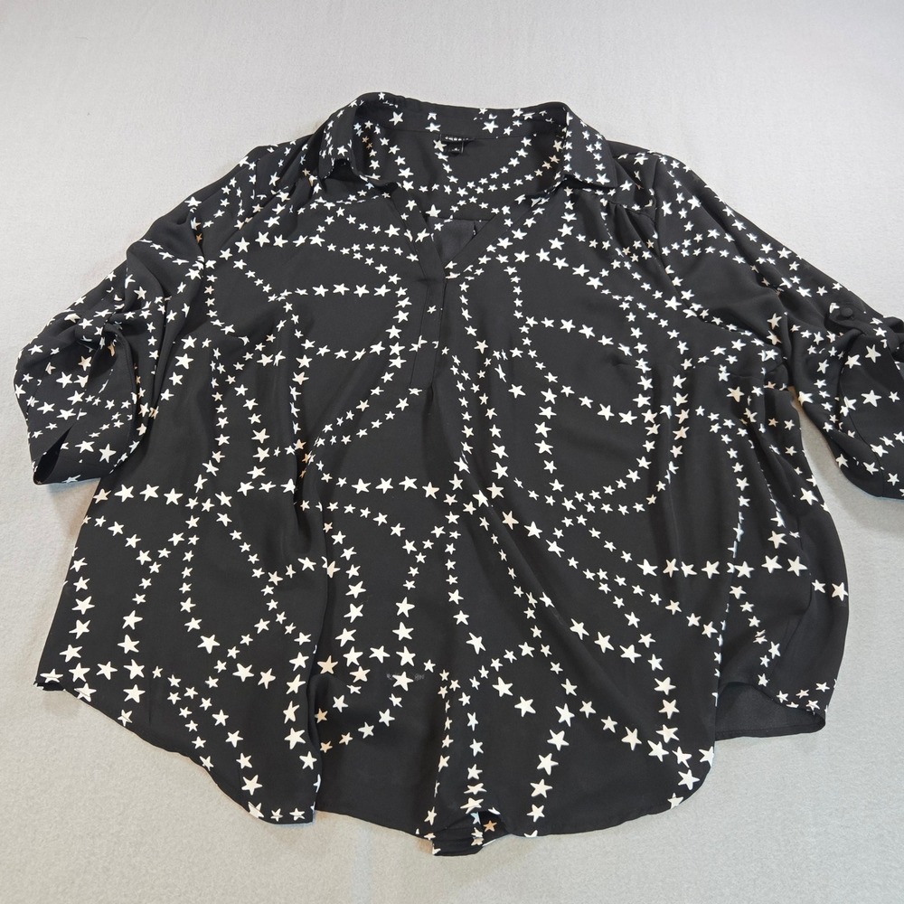 Torrid Harper Blouse Women 3 Black Star Celestial Roll Tab Sleeve V-Neck Top
